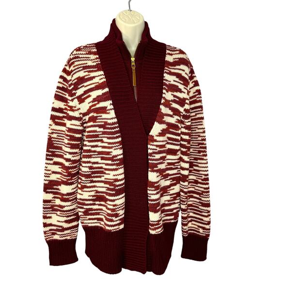 TORY BURCH Olivia Merino Wool Zip Front Cardigan Red Cordovan Women's M - Picture 2 of 16